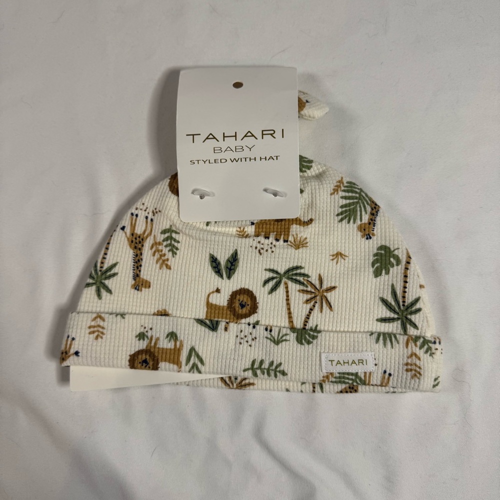 NWT Tahari Baby Beanie Hat Safari Animals Jungle Unisex 6 months+ Waffle Texture